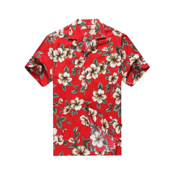Made in Hawaii Mens Hawaiian Shirt Aloha Shirt Palm with Cross Hibiscus in Red Made in Hawaii Mens Hawaiian Shirt Aloha Shirt Palm with Cross Hibiscus in Red